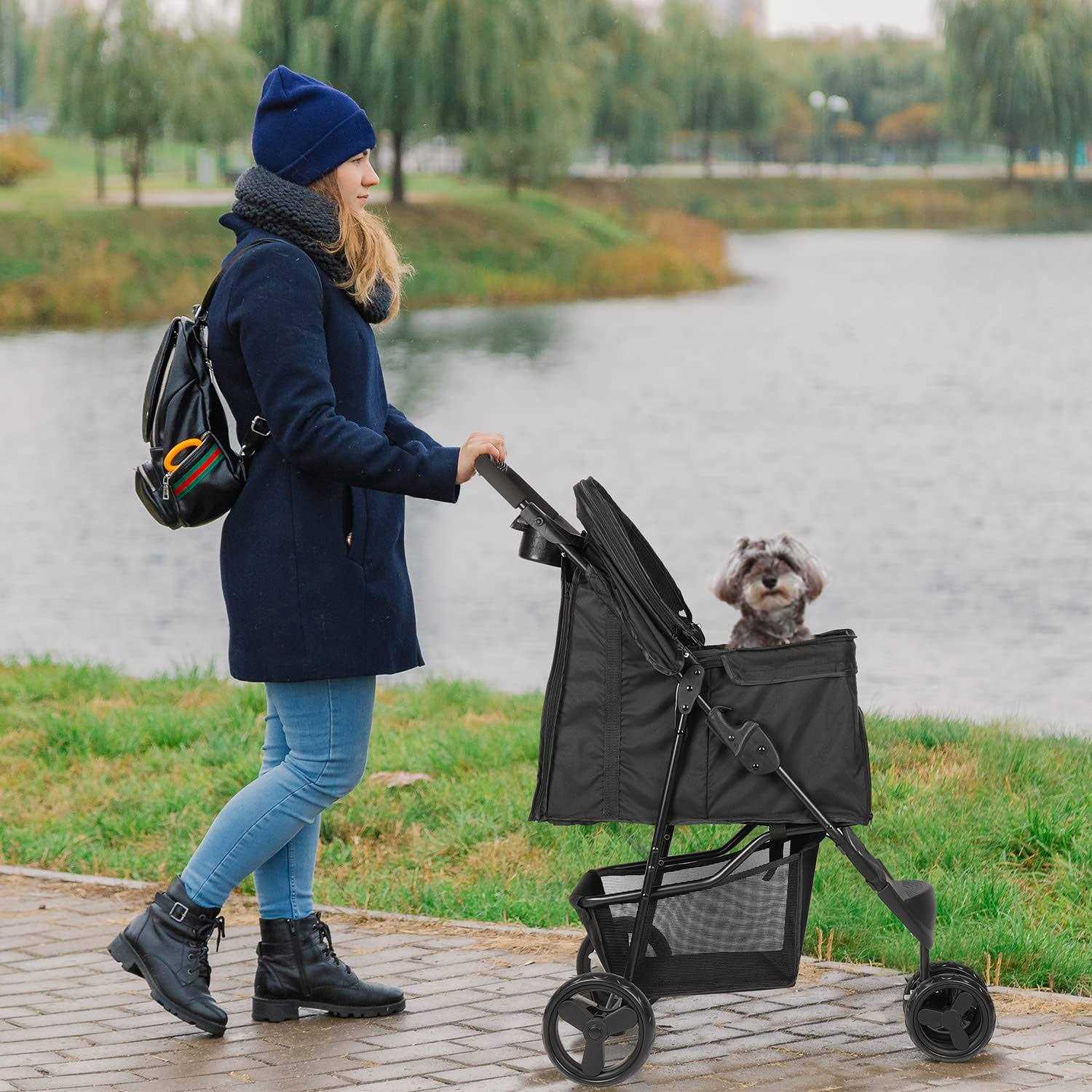 Timati Dog Stroller 3 Wheels Pet Stroller Foldable Dog Cat Carrier Strolling with Brake, Canopy, Cup Holders and Bottom Storage Space - Image 5