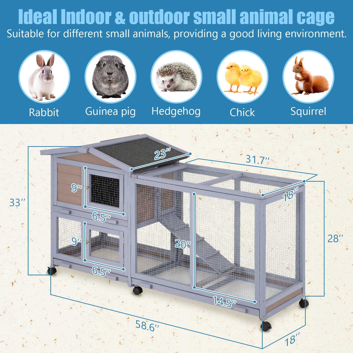 Niamvelo Wood Rabbit Hutch Indoor&Outdoor Bunny Cage with Wheels &Waterproof Roof for Small Animals - Image 4