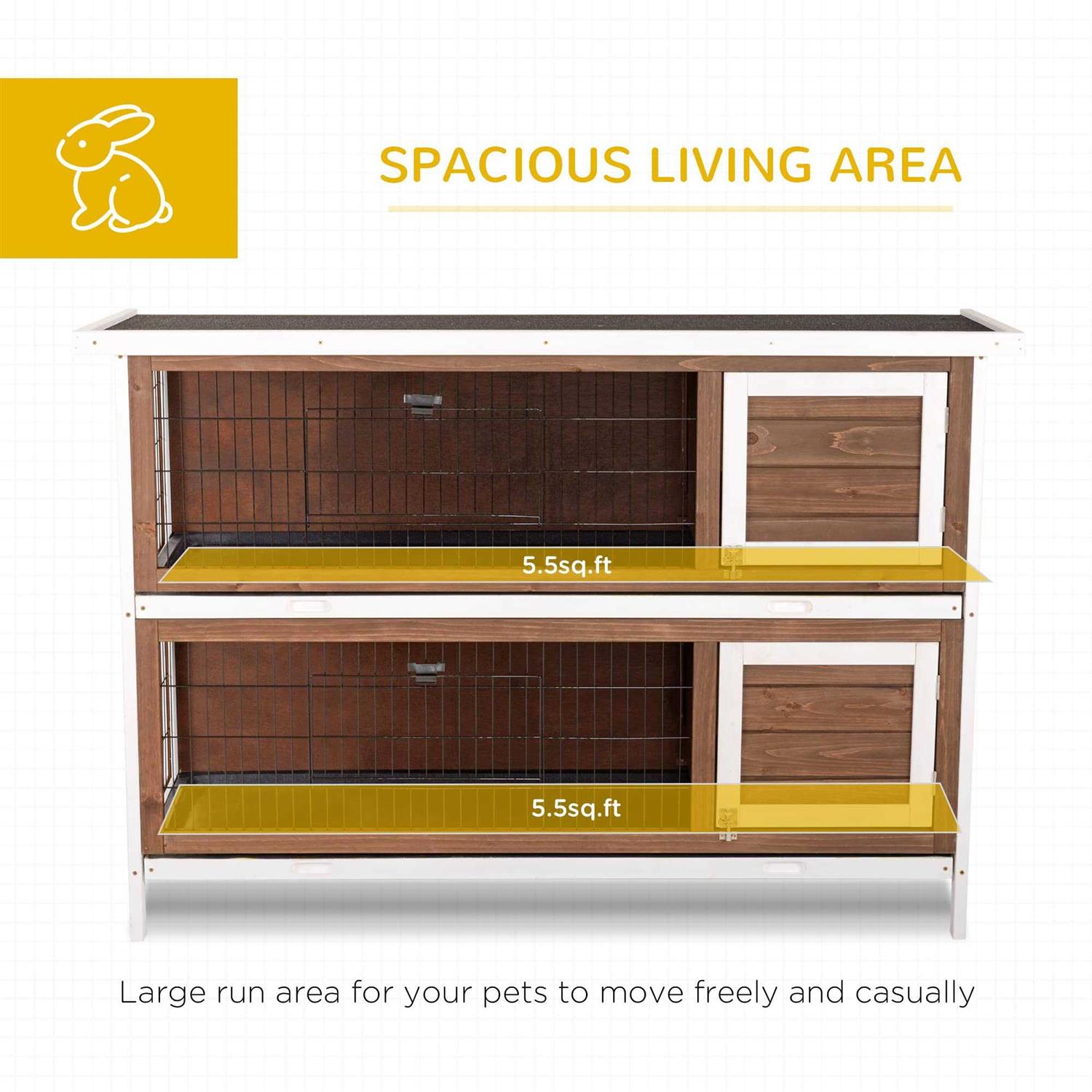 PawHut 54 2-Story Large Rabbit Hutch Bunny Cage Wooden Pet House Small Animal Habitat with Lockable Doors, No Leak Tray and Waterproof Roof - Image 3