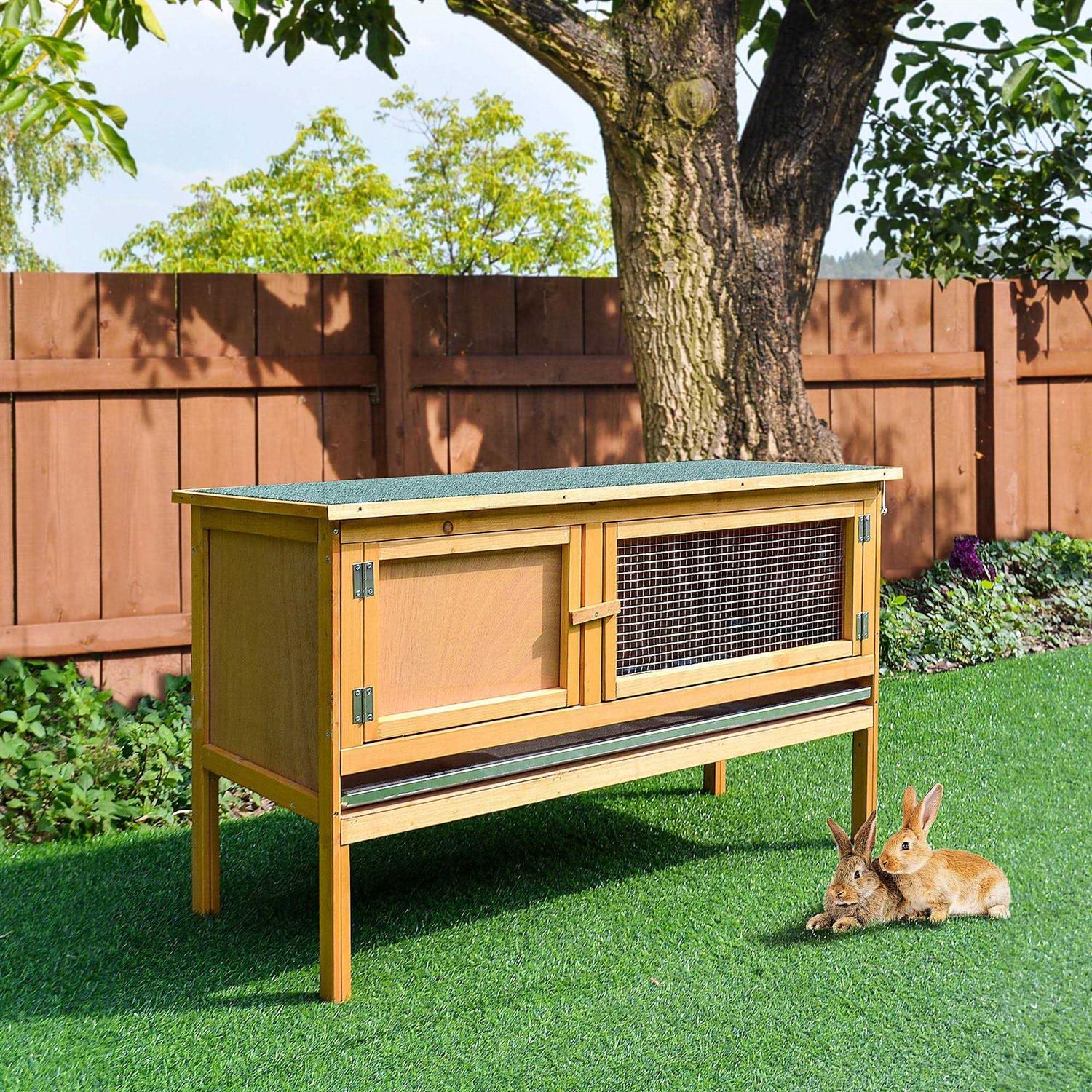 PawHut Wooden Rabbit Hutch Bunny Cage with Openable Waterproof Roof - Image 3
