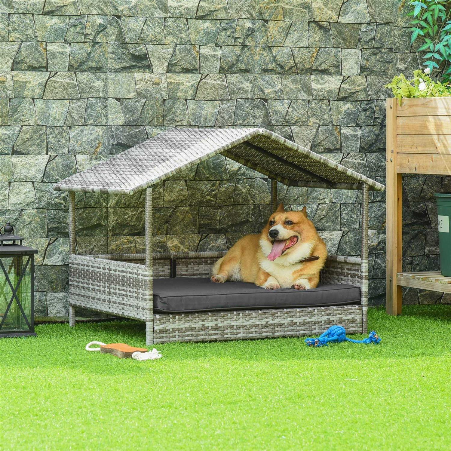 PawHut Wicker Dog House Elevated Raised Rattan Bed for Indoor/Outdoor with Removable Cushion Lounge - Image 4