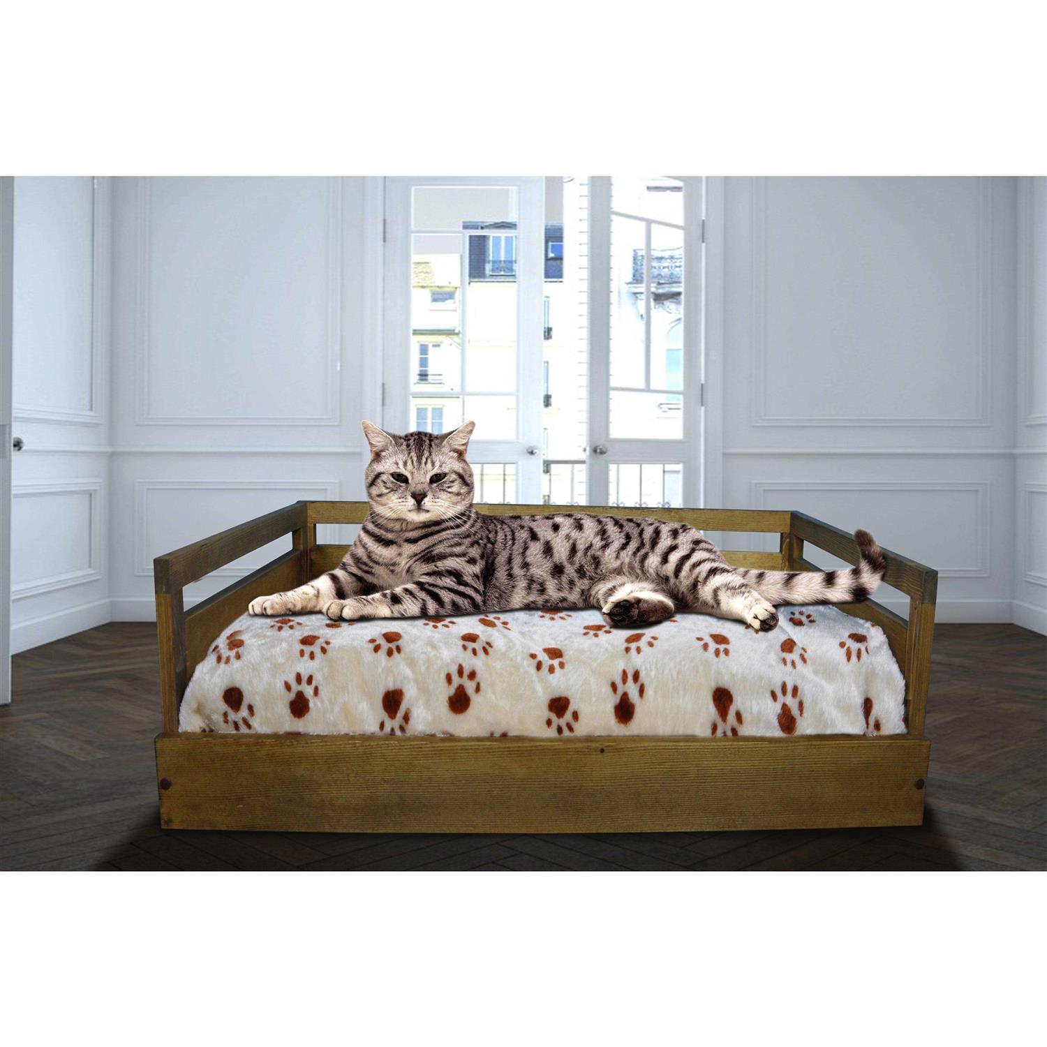 Iconic Pet Sassy Paws Wooden Pet Bed with Paw Printed Comfy Cushion - Image 3
