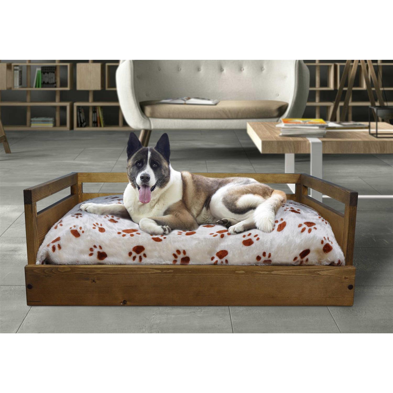Iconic Pet Sassy Paws Wooden Pet Bed with Paw Printed Comfy Cushion - Image 5