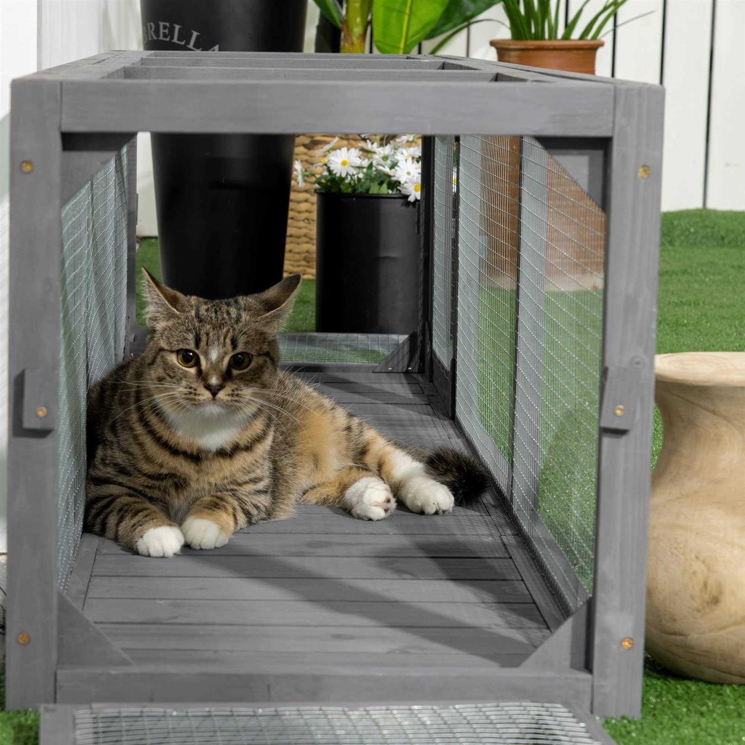 PawHut 59 Long Cat Tunnel with Extendable Design Wooden Outdoor Cat Tunnel House with Weather Protection - Image 3