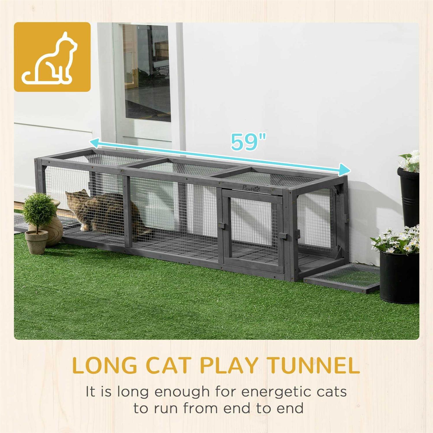 PawHut 59 Long Cat Tunnel with Extendable Design Wooden Outdoor Cat Tunnel House with Weather Protection - Image 5